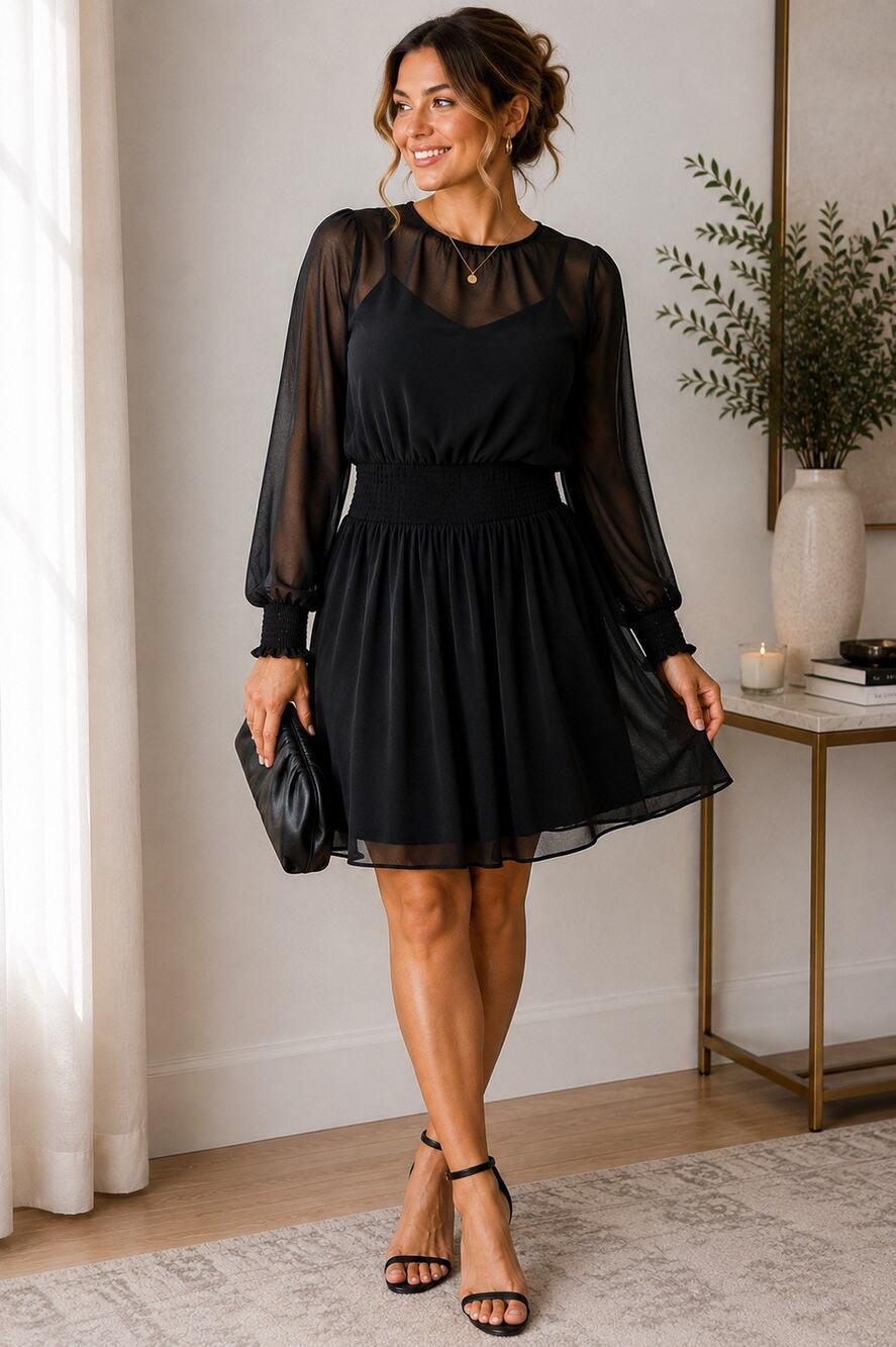 Express Black Chiffon Sheer Sleeve Smocked Mini Dress S
